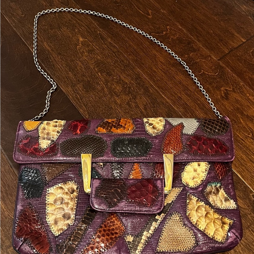 Vintage 1970’s Original Caprice Colorful Patchwork Clutch with Chain Strap